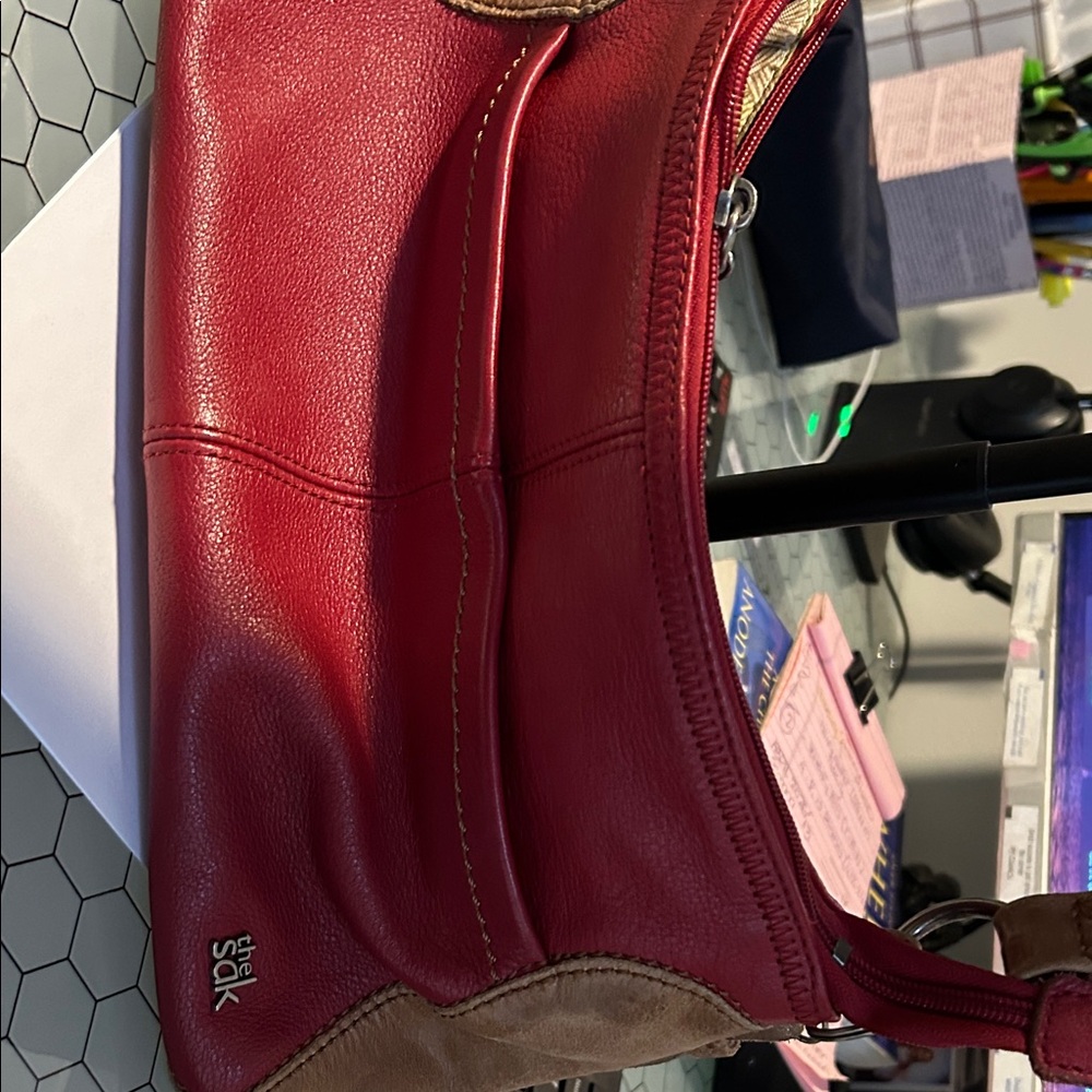 The Sak Red Leather Shoulder Bag with Suede Trim